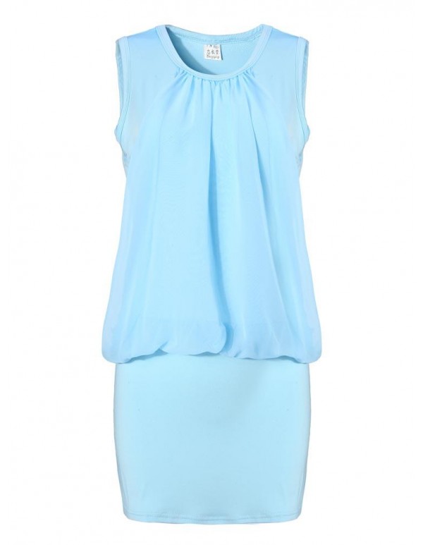 Woman Chiffon Stitching Dress Sleeveless Solid Color Mini Dresses