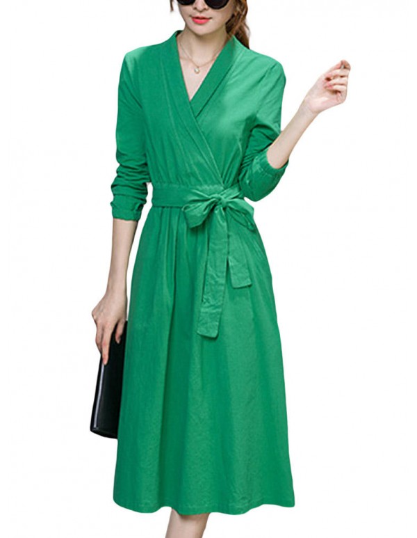 Bow Belt Work Slim Pure Color Long Sleeve V Neck Pocket Women Midi Dress
