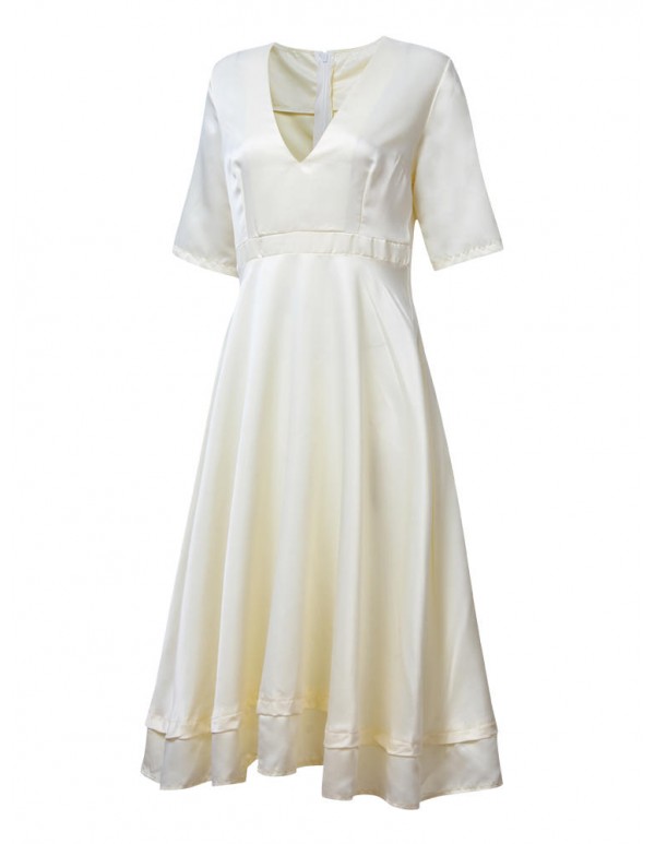 Elegant Women Deep V-Neck Pure Color Long Dress