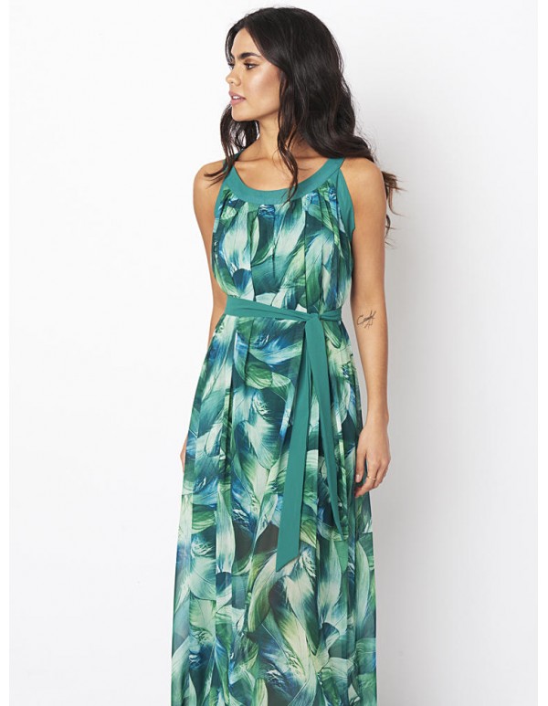 Bohemian Women Feather Print Chiffon Loose Hem Maxi Dress With Belt
