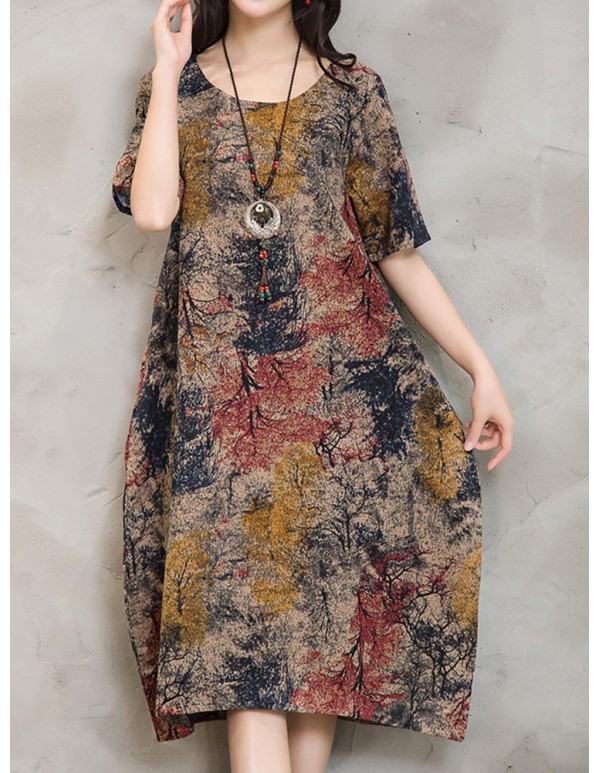 Retro Style Women Short Sleeve Floral Printed Vintage Dress