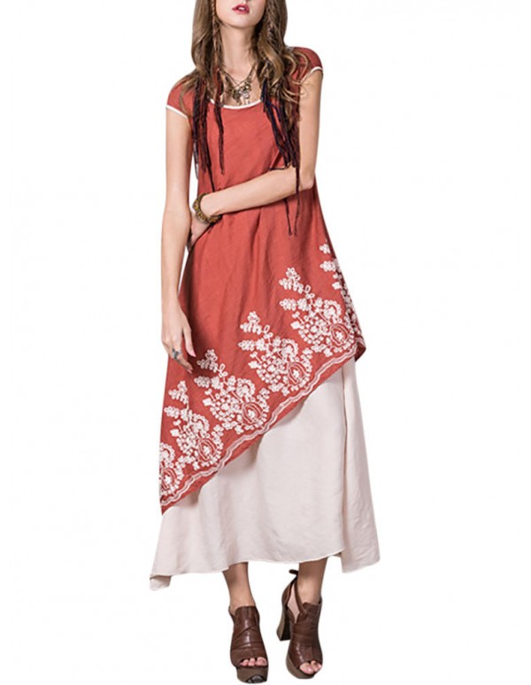 Floral Embroidered O-Neck Short Sleeve Layered Dress For Women
