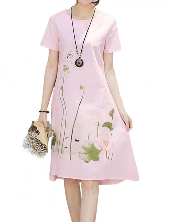Women Printed Short Sleeve Pocket Summer Mid Dresses