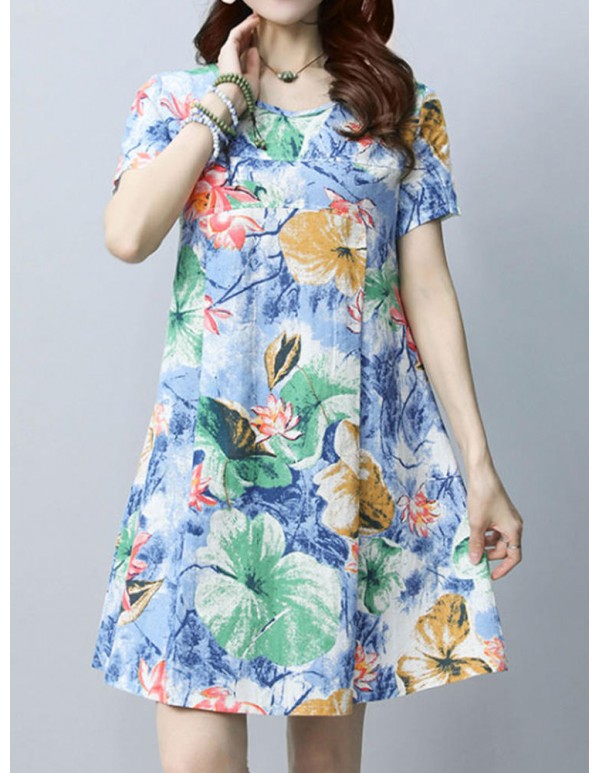 Women Vintage Floral Printed Dresses Short Sleeve O-Neck Dress