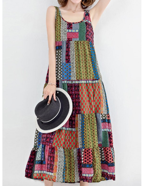 Women Bohemian Sleeveless Patchwork O-Neck Maxi Tank Dress