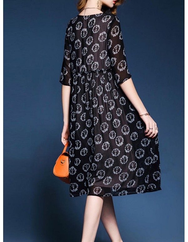 Casual Women Floral Printed Patchwork O-Neck Chiffon Black Dress