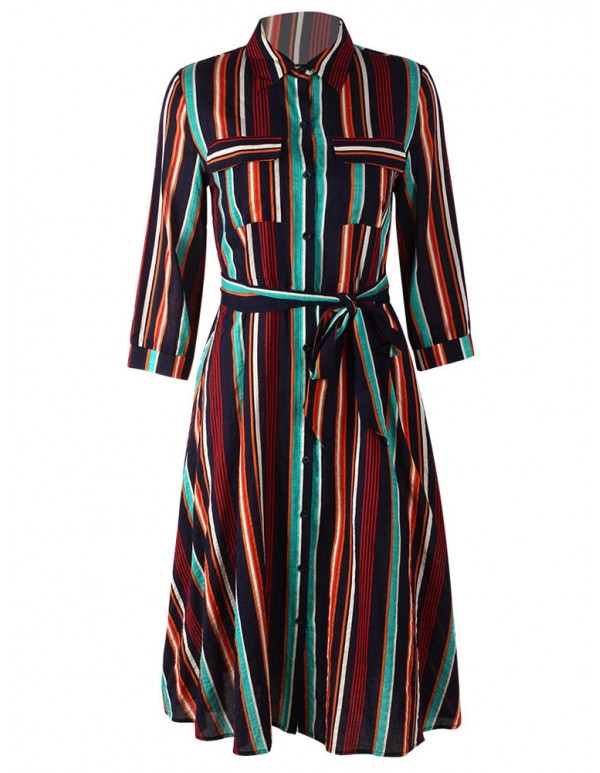 Casual Women Striped 3/4 Sleeve Button Dress with Pockets