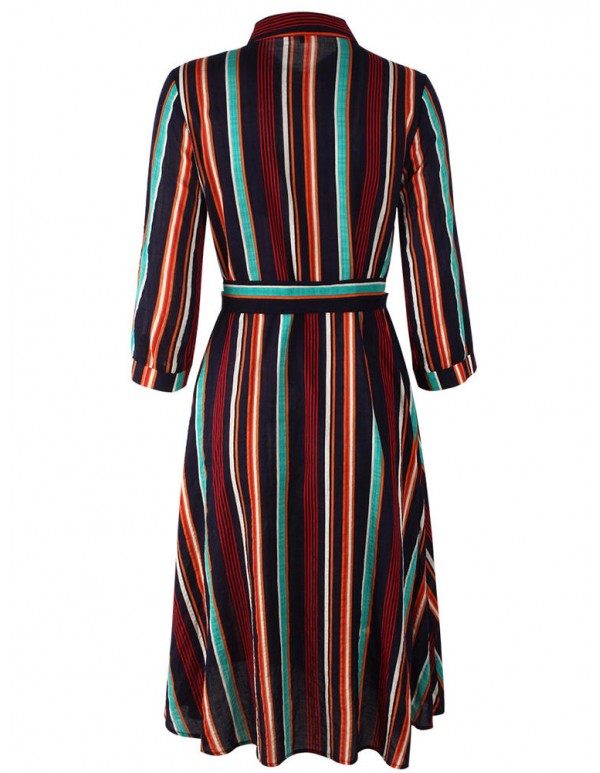 Casual Women Striped 3/4 Sleeve Button Dress with Pockets